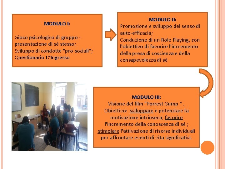 MODULO I: Gioco psicologico di gruppo presentazione di sé stesso; Sviluppo di condotte "pro-sociali“;