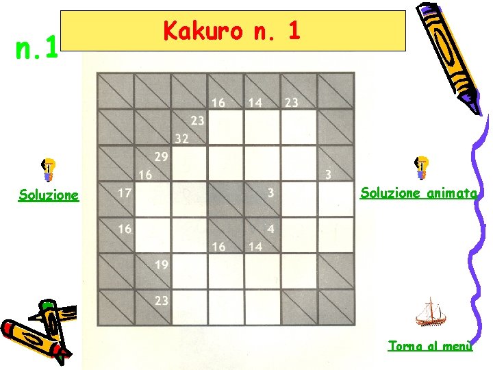 n. 1 Soluzione Kakuro n. 1 Soluzione animata Torna al menù 