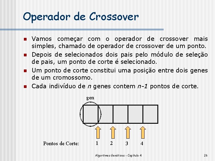 Operador de Crossover n n Vamos começar com o operador de crossover mais simples,