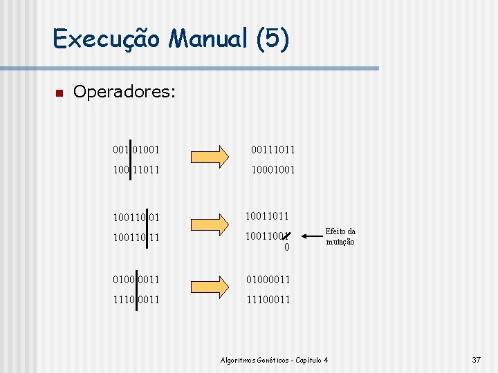 Execução Manual (5) n Operadores: 001 01001 00111011 1000100110 01 10011011 100110 11 1001