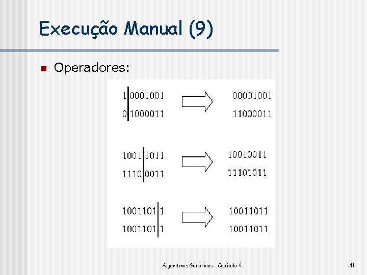 Execução Manual (9) n Operadores: Algoritmos Genéticos - Capítulo 4 41 