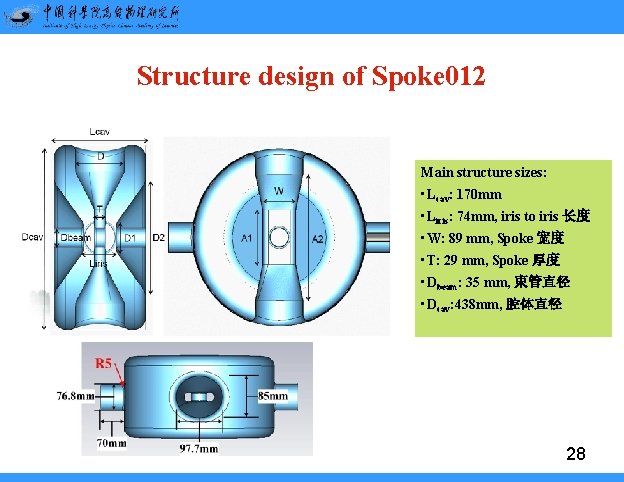 Structure design of Spoke 012 Main structure sizes: • Lcav: 170 mm • Liris: Structure design of Spoke 012 Main structure sizes: • Lcav: 170 mm • Liris: