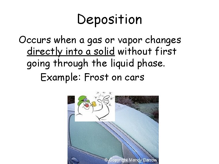 Deposition Occurs when a gas or vapor changes directly into a solid without first