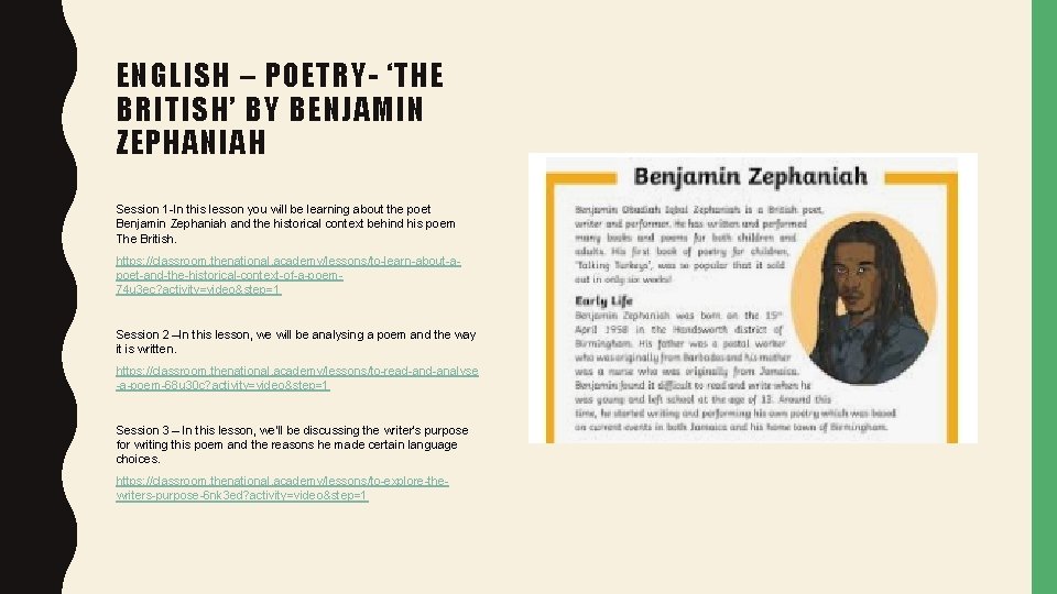 ENGLISH – POETRY- ‘THE BRITISH’ BY BENJAMIN ZEPHANIAH Session 1 -In this lesson you