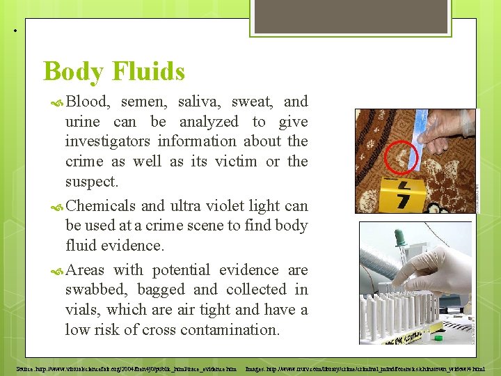 • Body Fluids Blood, semen, saliva, sweat, and urine can be analyzed to • Body Fluids Blood, semen, saliva, sweat, and urine can be analyzed to