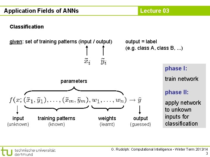 Application Fields of ANNs Lecture 03 Classification given: set of training patterns (input /