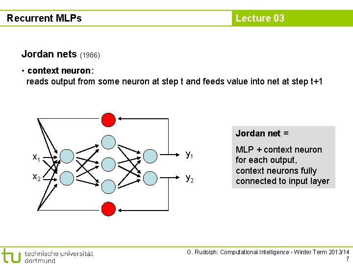 Recurrent MLPs Lecture 03 Jordan nets (1986) • context neuron: reads output from some