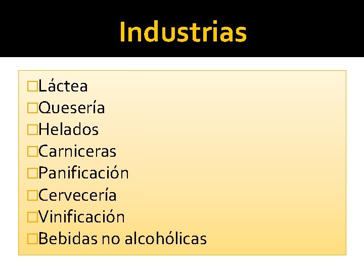 Industrias �Láctea �Quesería �Helados �Carniceras �Panificación �Cervecería �Vinificación �Bebidas no alcohólicas 