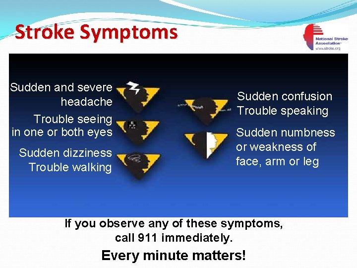 Stroke Symptoms Sudden and severe headache Trouble seeing in one or both eyes Sudden