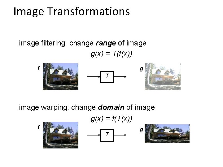 Image Transformations image filtering: change range of image g(x) = T(f(x)) f g T