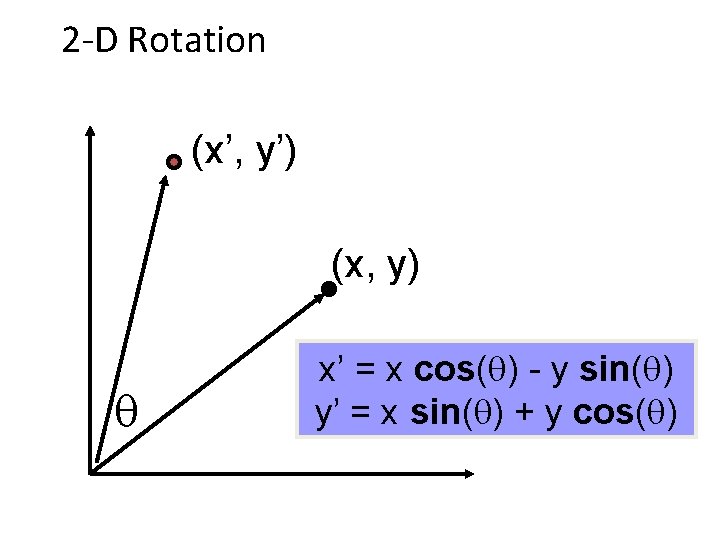 2 -D Rotation (x’, y’) (x, y) x’ = x cos( ) - y