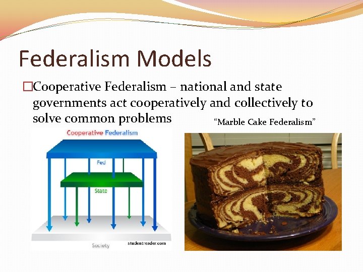 Federalism Models �Cooperative Federalism – national and state governments act cooperatively and collectively to