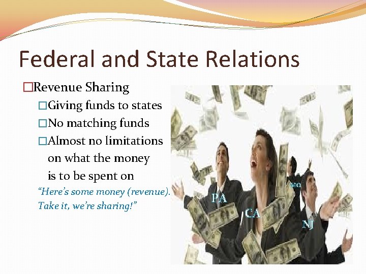 Federal and State Relations �Revenue Sharing �Giving funds to states �No matching funds �Almost