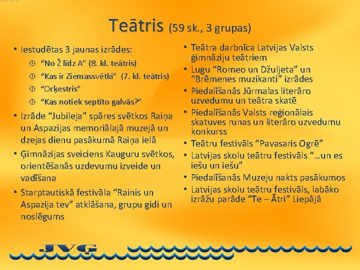 Teātris (59 sk. , 3 grupas) • Teātra darbnīca Latvijas Valsts ģimnāziju teātriem º