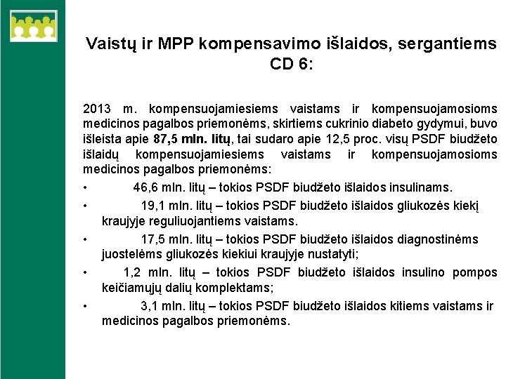 Vaistų ir MPP kompensavimo išlaidos, sergantiems CD 6: 2013 m. kompensuojamiesiems vaistams ir kompensuojamosioms