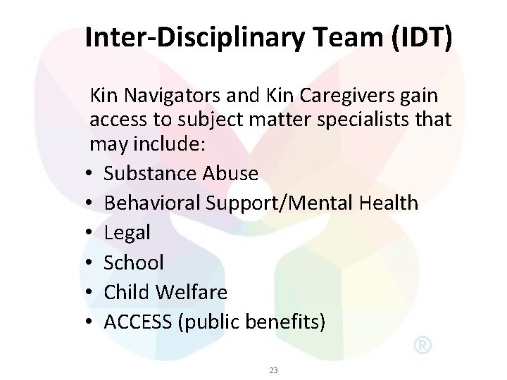 Inter-Disciplinary Team (IDT) Kin Navigators and Kin Caregivers gain access to subject matter specialists