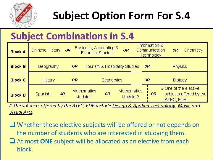 Subject Option Form For S. 4 Subject Combinations in S. 4 Block A Chinese