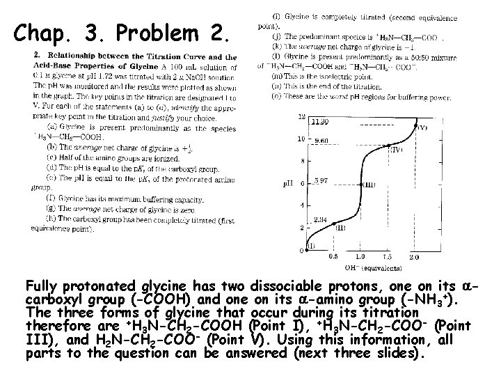 Chap. 3. Problem 2. Fully protonated glycine has two dissociable protons, one on its