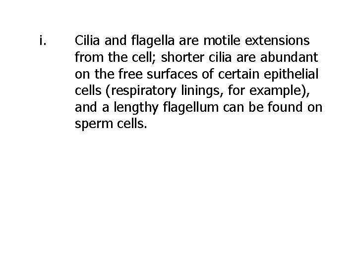 i. Cilia and flagella are motile extensions from the cell; shorter cilia are abundant