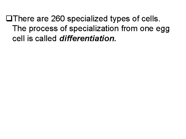 q. There are 260 specialized types of cells. The process of specialization from one
