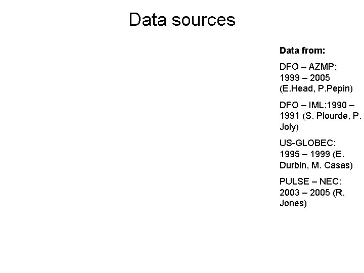 Data sources Data from: DFO – AZMP: 1999 – 2005 (E. Head, P. Pepin)