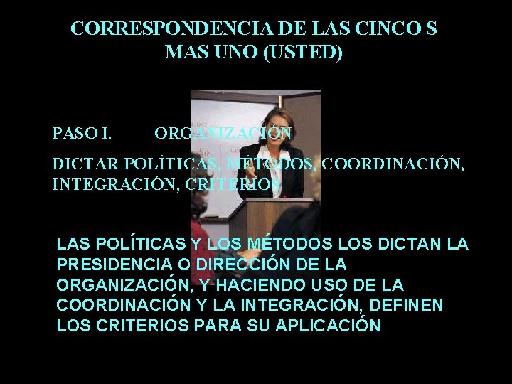 CORRESPONDENCIA DE LAS CINCO S MAS UNO (USTED) PASO I. ORGANIZACIÓN DICTAR POLÍTICAS, MÉTODOS,