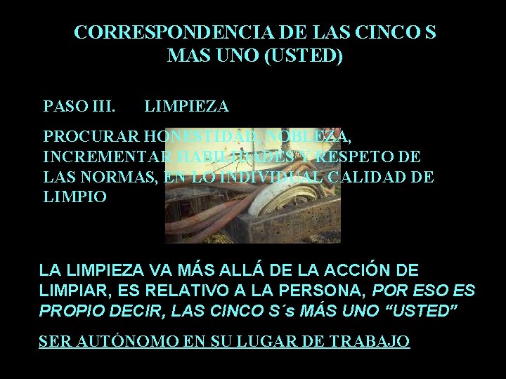 CORRESPONDENCIA DE LAS CINCO S MAS UNO (USTED) PASO III. LIMPIEZA PROCURAR HONESTIDAD, NOBLEZA,
