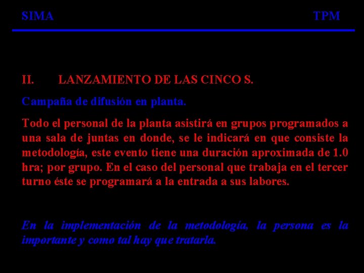 SIMA II. TPM LANZAMIENTO DE LAS CINCO S. Campaña de difusión en planta. Todo