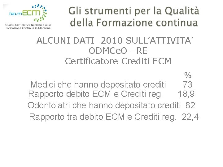 ALCUNI DATI 2010 SULL’ATTIVITA’ ODMCe. O –RE Certificatore Crediti ECM % Medici che hanno