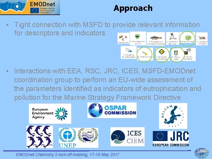 Approach • Tight connection with MSFD to provide relevant information for descriptors and indicators