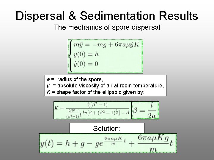 Dispersal & Sedimentation Results The mechanics of spore dispersal a = radius of the
