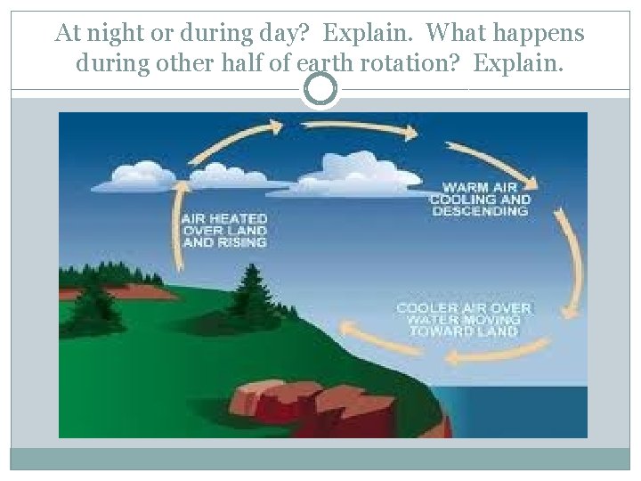 At night or during day? Explain. What happens during other half of earth rotation?