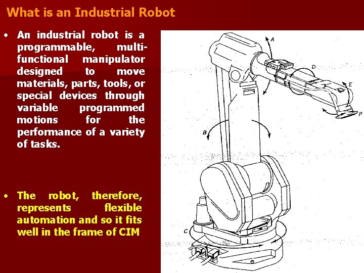 What is an Industrial Robot • An industrial robot is a programmable, multifunctional manipulator