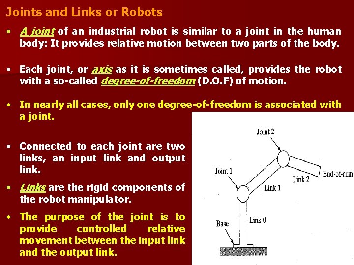 Joints and Links or Robots • A joint of an industrial robot is similar