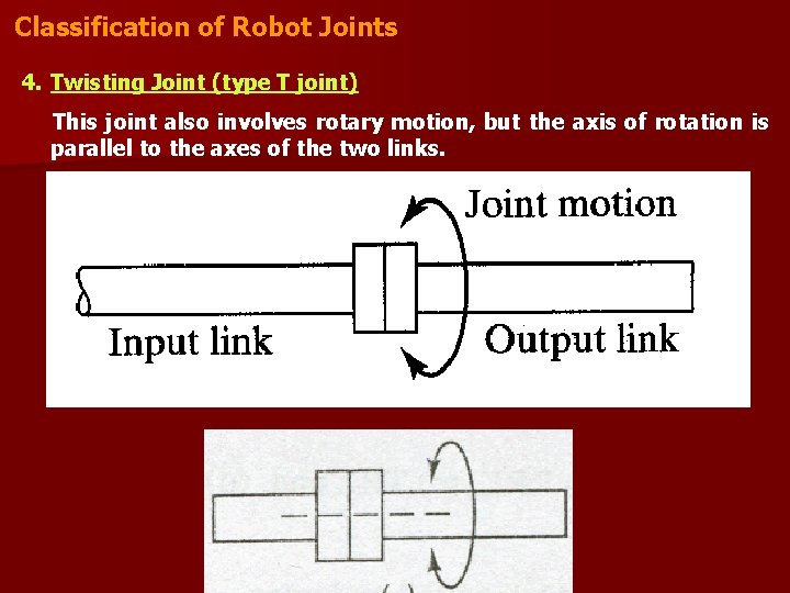 Classification of Robot Joints 4. Twisting Joint (type T joint) This joint also involves