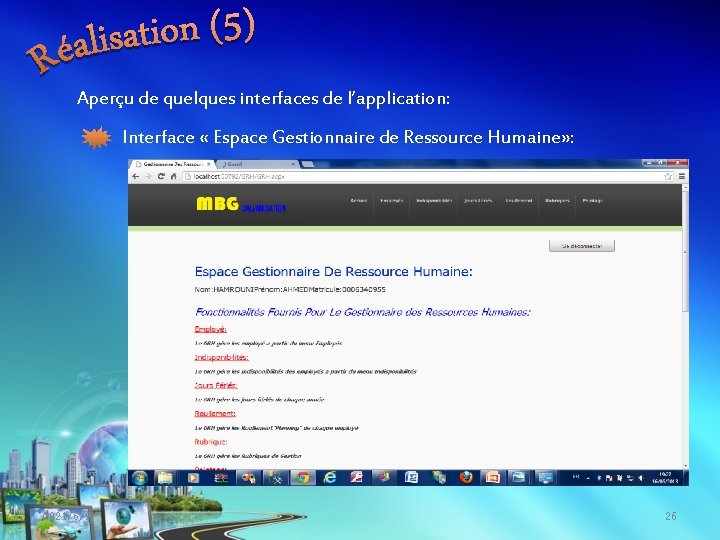 Aperçu de quelques interfaces de l’application: Interface « Espace Gestionnaire de Ressource Humaine» :