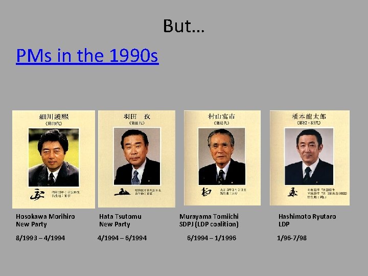 But… PMs in the 1990 s Hosokawa Morihiro New Party Hata Tsutomu New Party