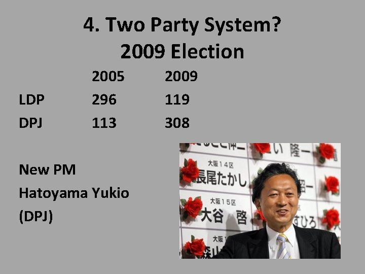 4. Two Party System? 2009 Election LDP DPJ 2005 296 113 New PM Hatoyama