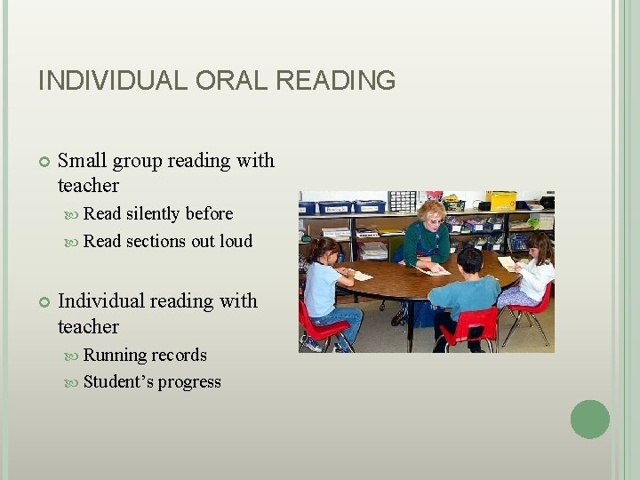 INDIVIDUAL ORAL READING Small group reading with teacher Read silently before Read sections out