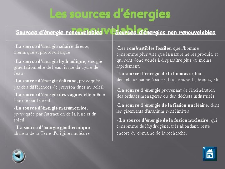 Les sources d’énergies renouvelables Sources d’énergies non renouvelables -La source d’énergie solaire directe, thermique