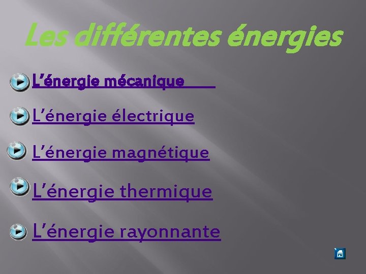 Les différentes énergies L’énergie mécanique L’énergie électrique L’énergie magnétique L’énergie thermique L’énergie rayonnante 