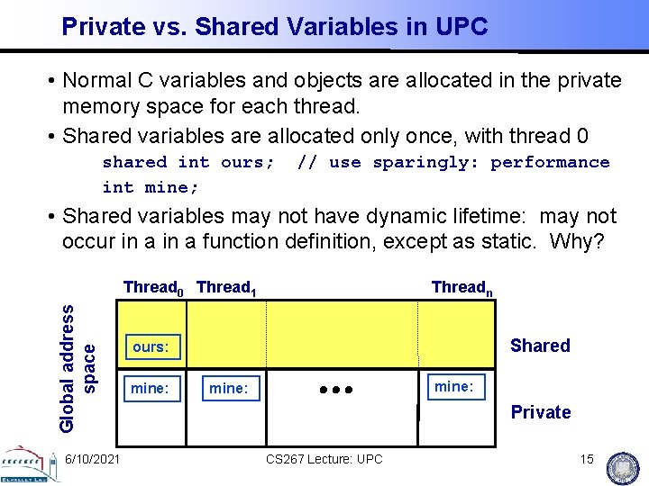 Private vs. Shared Variables in UPC • Normal C variables and objects are allocated