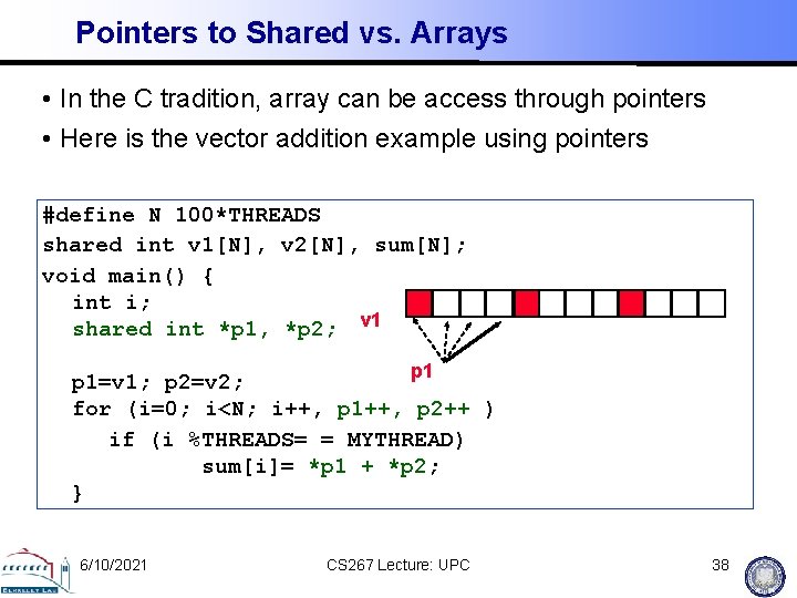 Pointers to Shared vs. Arrays • In the C tradition, array can be access