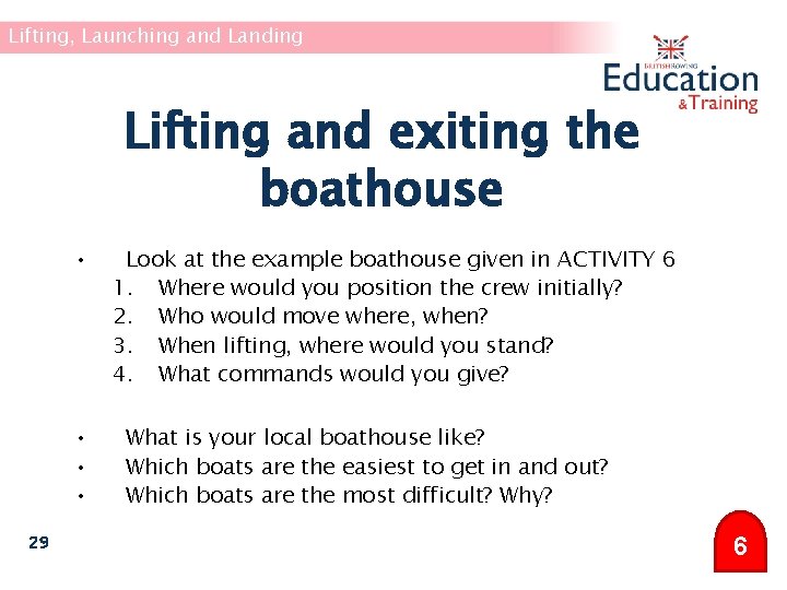 Lifting, Launching and Landing Lifting and exiting the boathouse • • 29 Look at