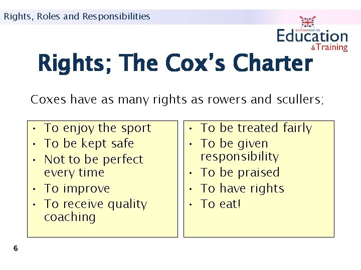 Rights, Roles and Responsibilities Rights; The Cox’s Charter Coxes have as many rights as