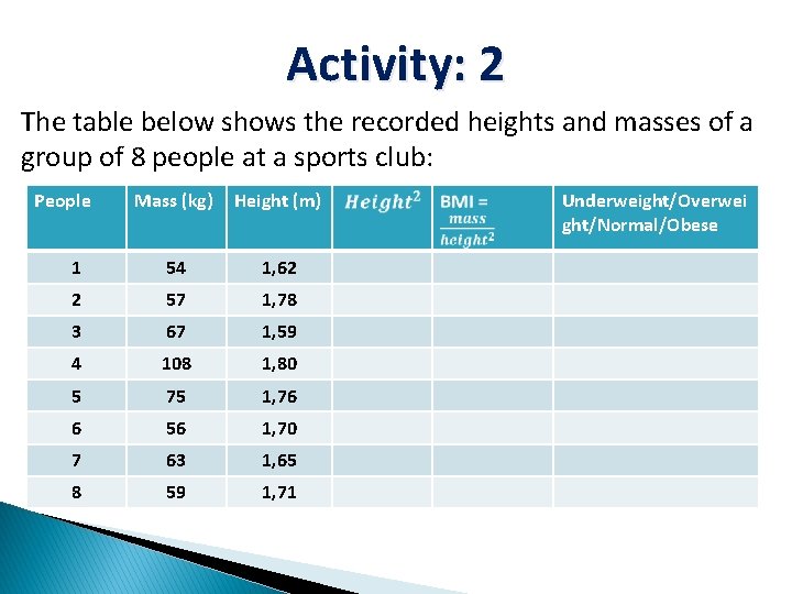 Activity: 2 The table below shows the recorded heights and masses of a group