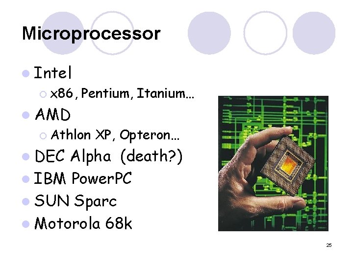 Microprocessor l Intel ¡ x 86, Pentium, Itanium… l AMD ¡ Athlon XP, Opteron…