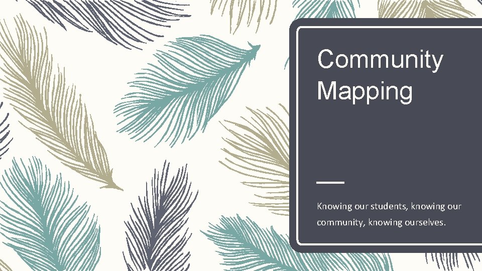 Community Mapping Knowing our students, knowing our community, knowing ourselves. Community Mapping Knowing our students, knowing our community, knowing ourselves.