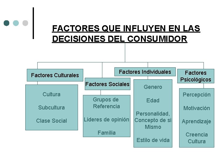 FACTORES QUE INFLUYEN EN LAS DECISIONES DEL CONSUMIDOR Factores Culturales Factores Individuales Factores Sociales