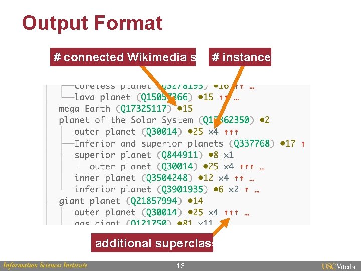 Output Format # connected Wikimedia sites# instances additional superclasses 13 